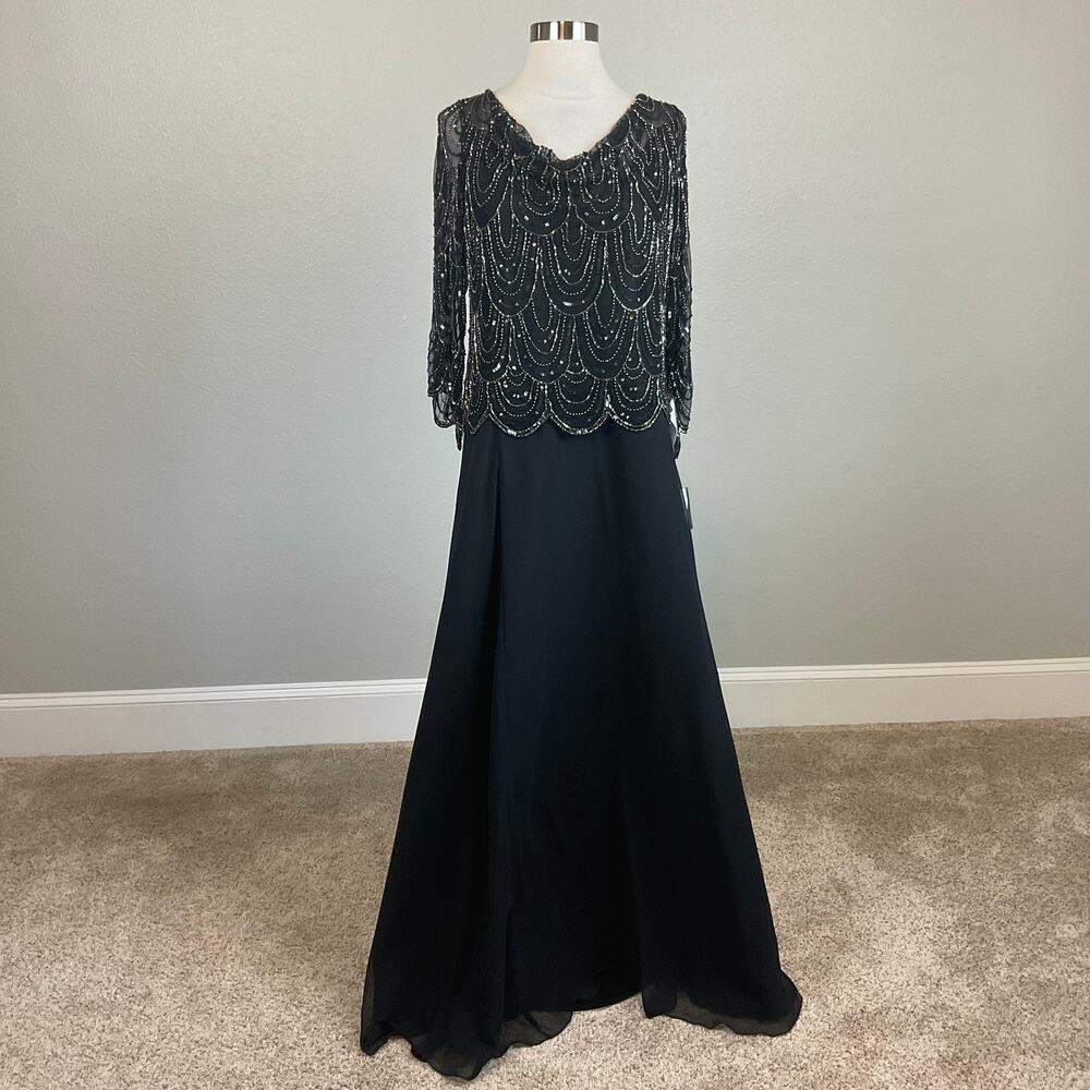 JKara Beaded Chiffon Long Sleeve A-Line Evening Gown Black Size 6 Formal Dress - Picture 2 of 9